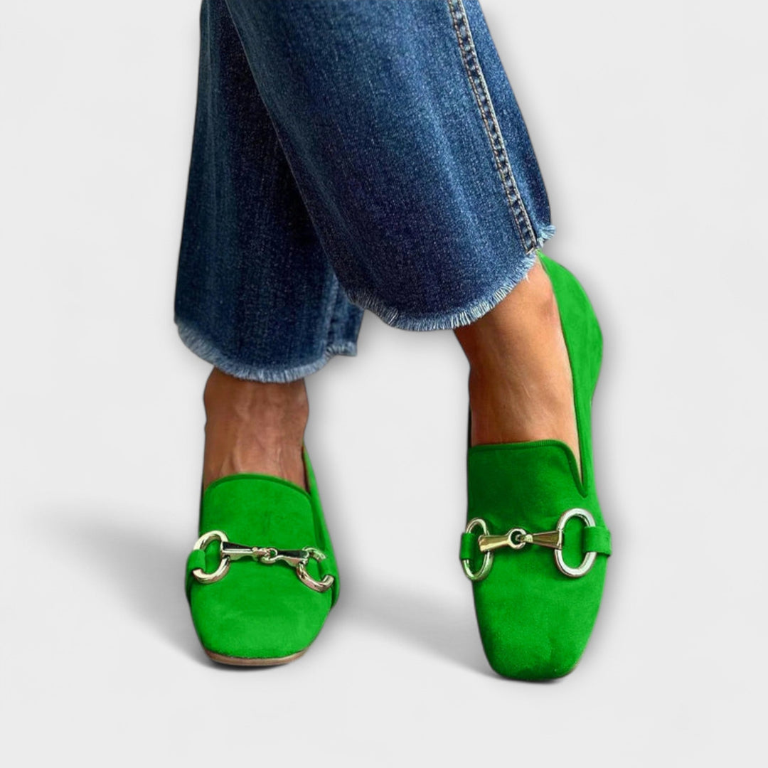 Taliah – Square Toe Suede Loafers with Buckle Detail